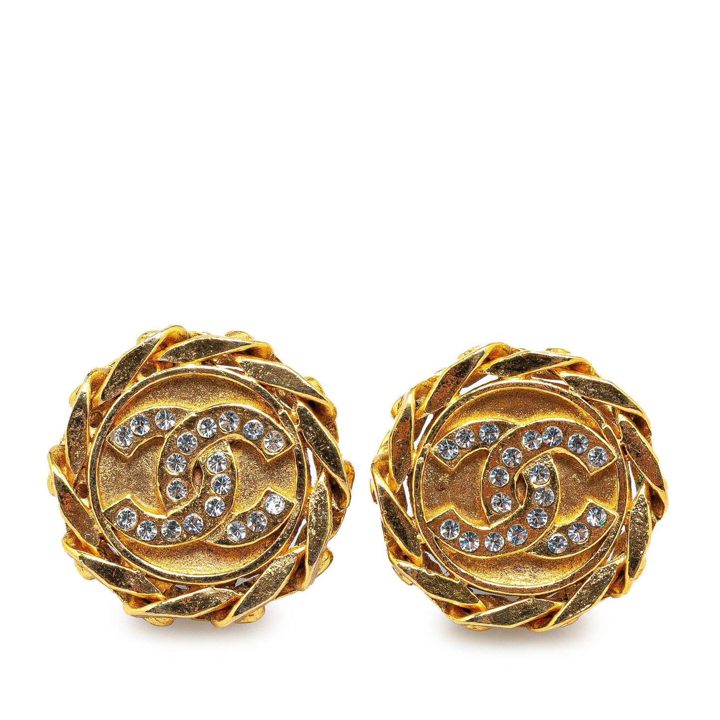 Gold Chanel Gold Plated Rhinestone CC Clip On Earrings