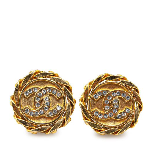 Gold Chanel Gold Plated Rhinestone CC Clip On Earrings