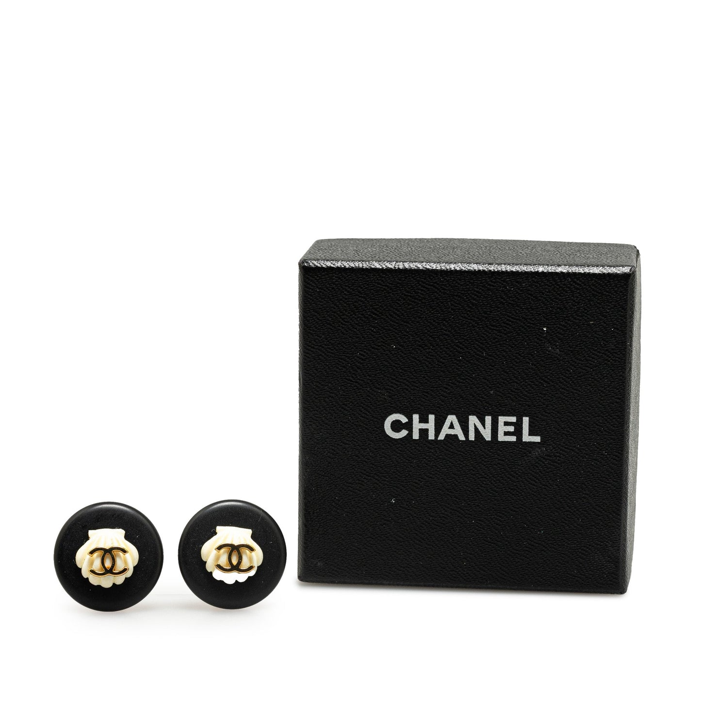 Black Chanel CC Button Shell Clip On Earrings