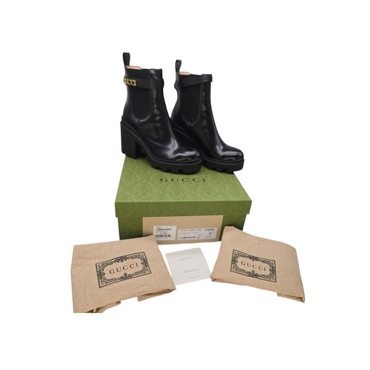 Gucci Chelsea Logo Strap High Heel Ankle Boots Sz 40.5