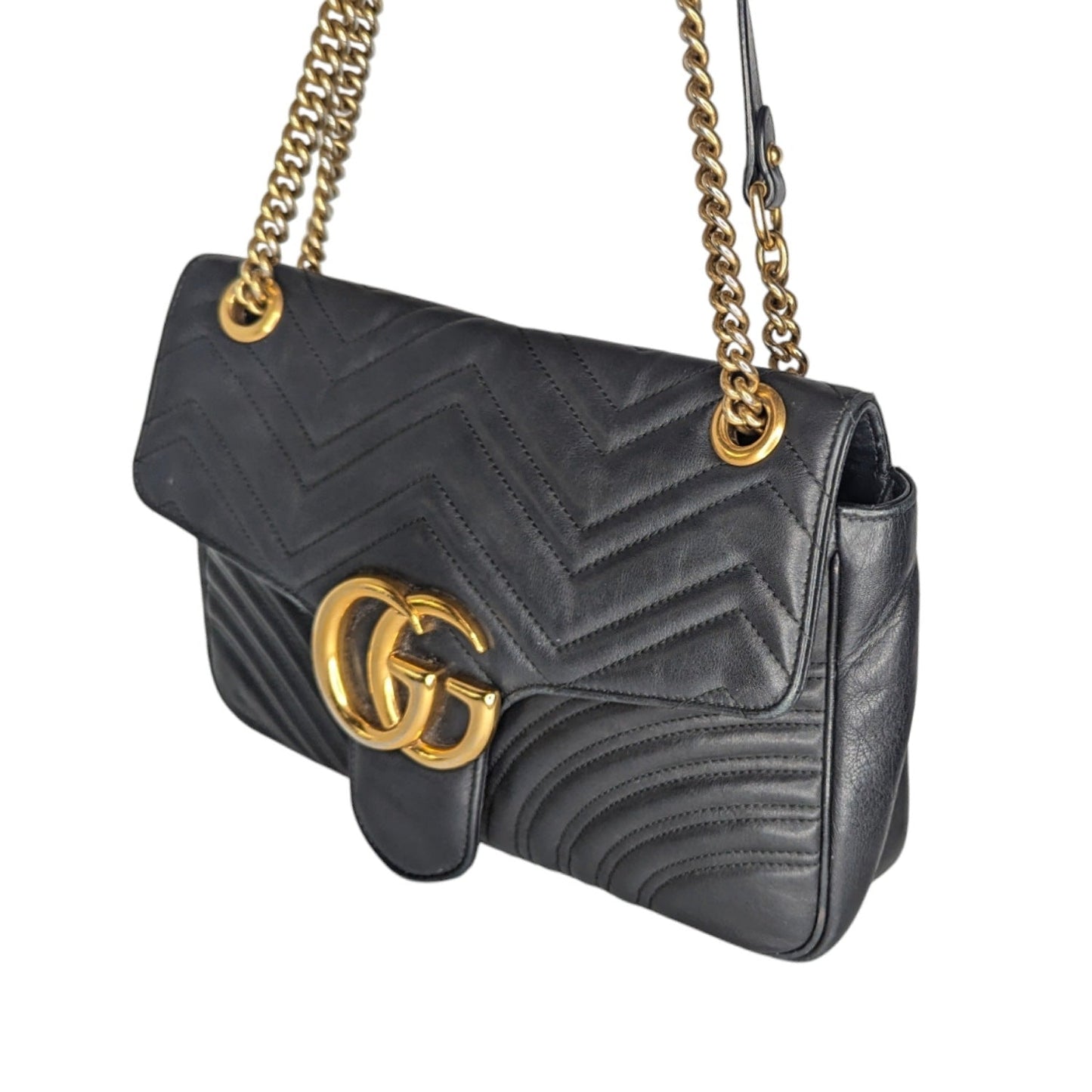 Gucci Black Chevron Quilted GG Marmont Medium Shoulder Bag
