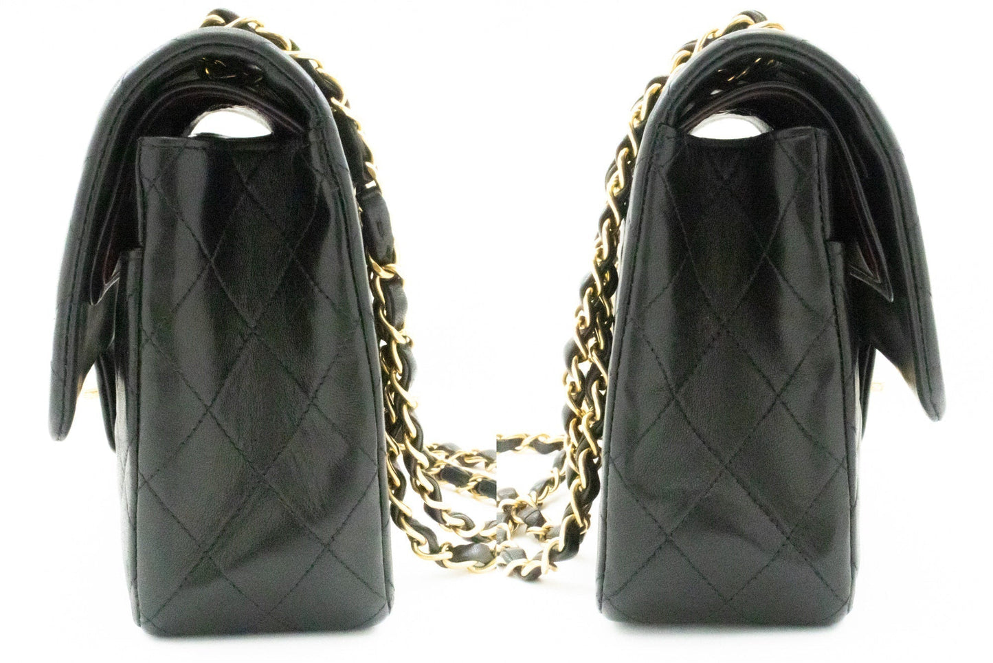 CHANEL Classic Double Flap 10" Chain Shoulder Bag Black Lambskin k49