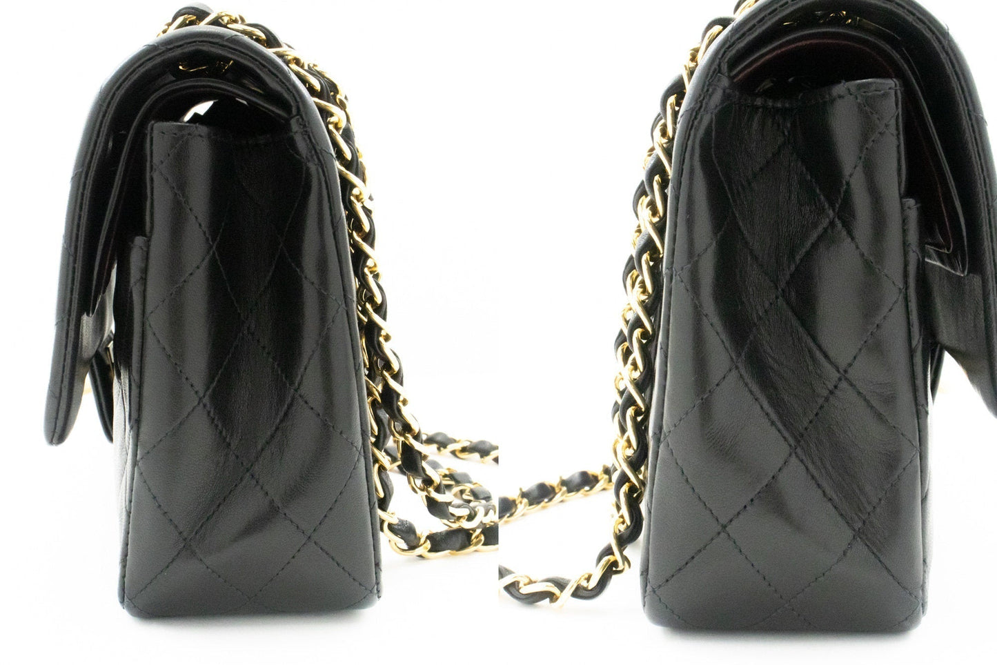 CHANEL Classic Double Flap 10" Chain Shoulder Bag Black Lambskin k39