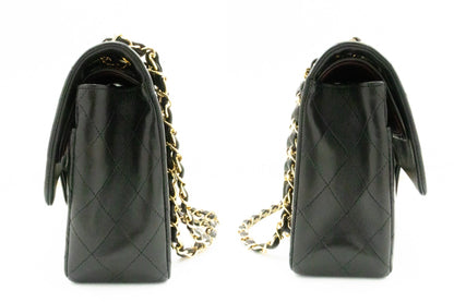 CHANEL Classic Double Flap 10" Chain Shoulder Bag Black Lambskin k74