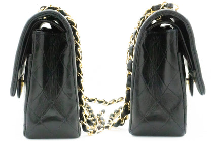CHANEL Classic Double Flap 10" Chain Shoulder Bag Black Lambskin k66