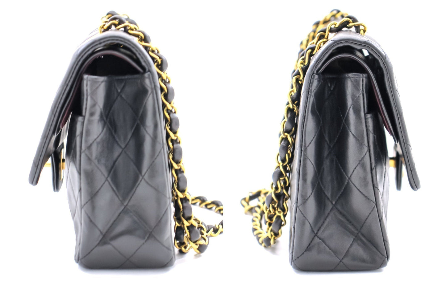 CHANEL Classic Double Flap 10" Chain Shoulder Bag Black Lambskin i68