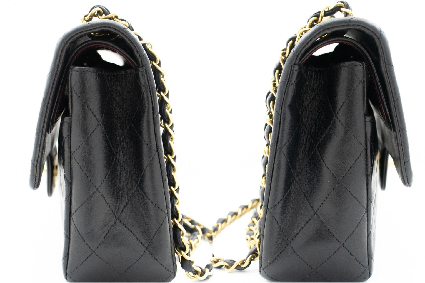 CHANEL Classic Double Flap 10" Chain Shoulder Bag Black Lambskin k77