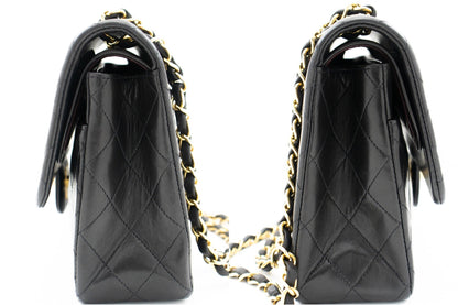 CHANEL Classic Double Flap 10" Chain Shoulder Bag Black Lambskin k72