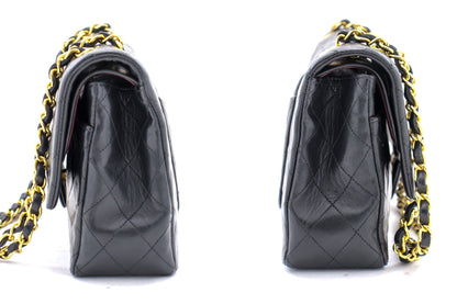 CHANEL Classic Double Flap 10" Chain Shoulder Bag Black Lambskin i71