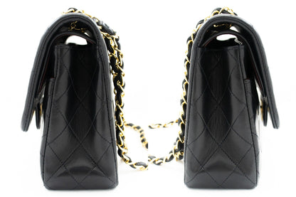 CHANEL Classic Double Flap 10" Chain Shoulder Bag Black Lambskin k76