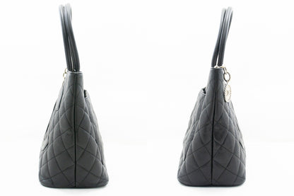 CHANEL Silver Medallion Caviar Shoulder Bag Shopping Tote Black k56