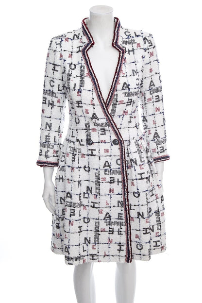 Chanel Spring 2020 White & Multi Logo Tweed Coat/Dress SZ 36