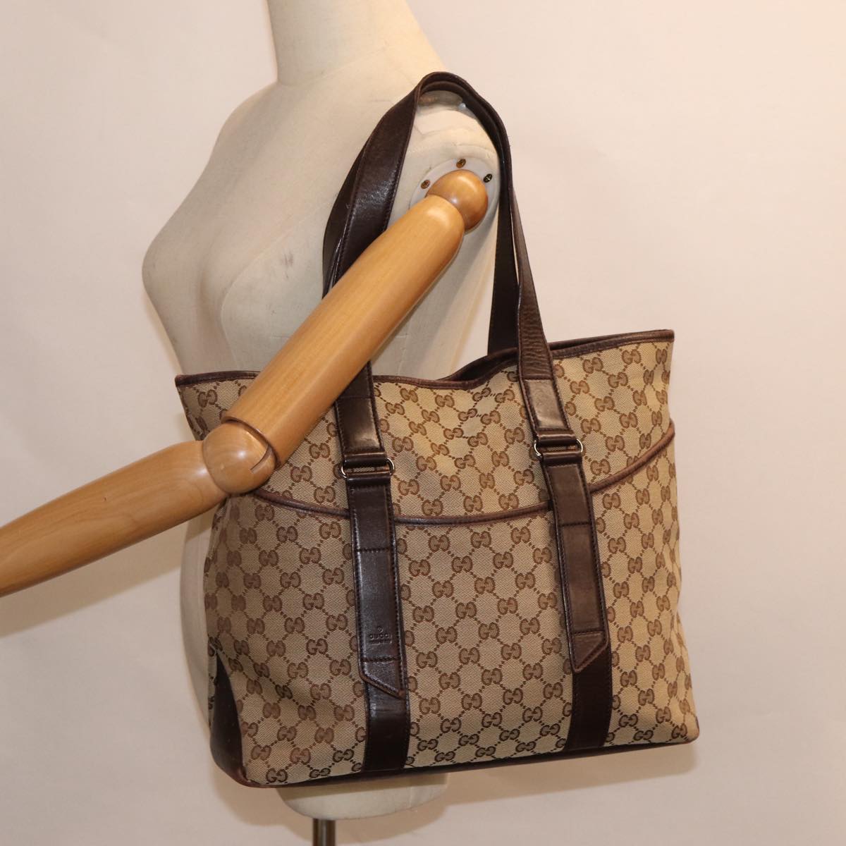 GUCCI GG Canvas Tote Bag Beige Silver 145971  ac3208