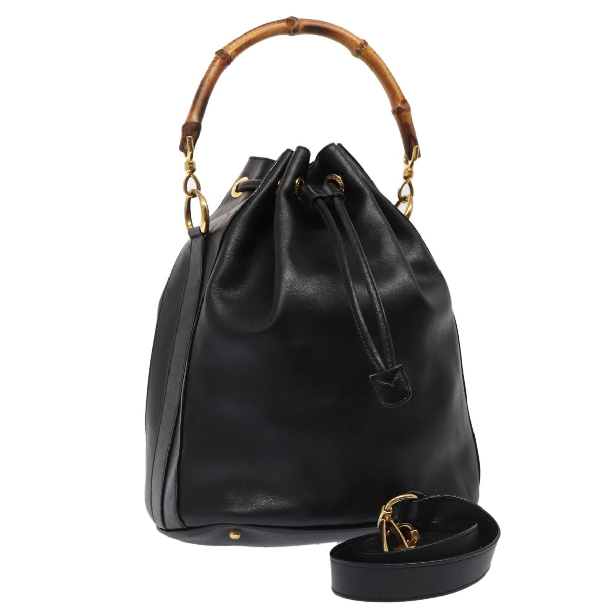 GUCCI Bamboo Hand Bag Leather 2way Black Gold 001 2865 1657  ac3240