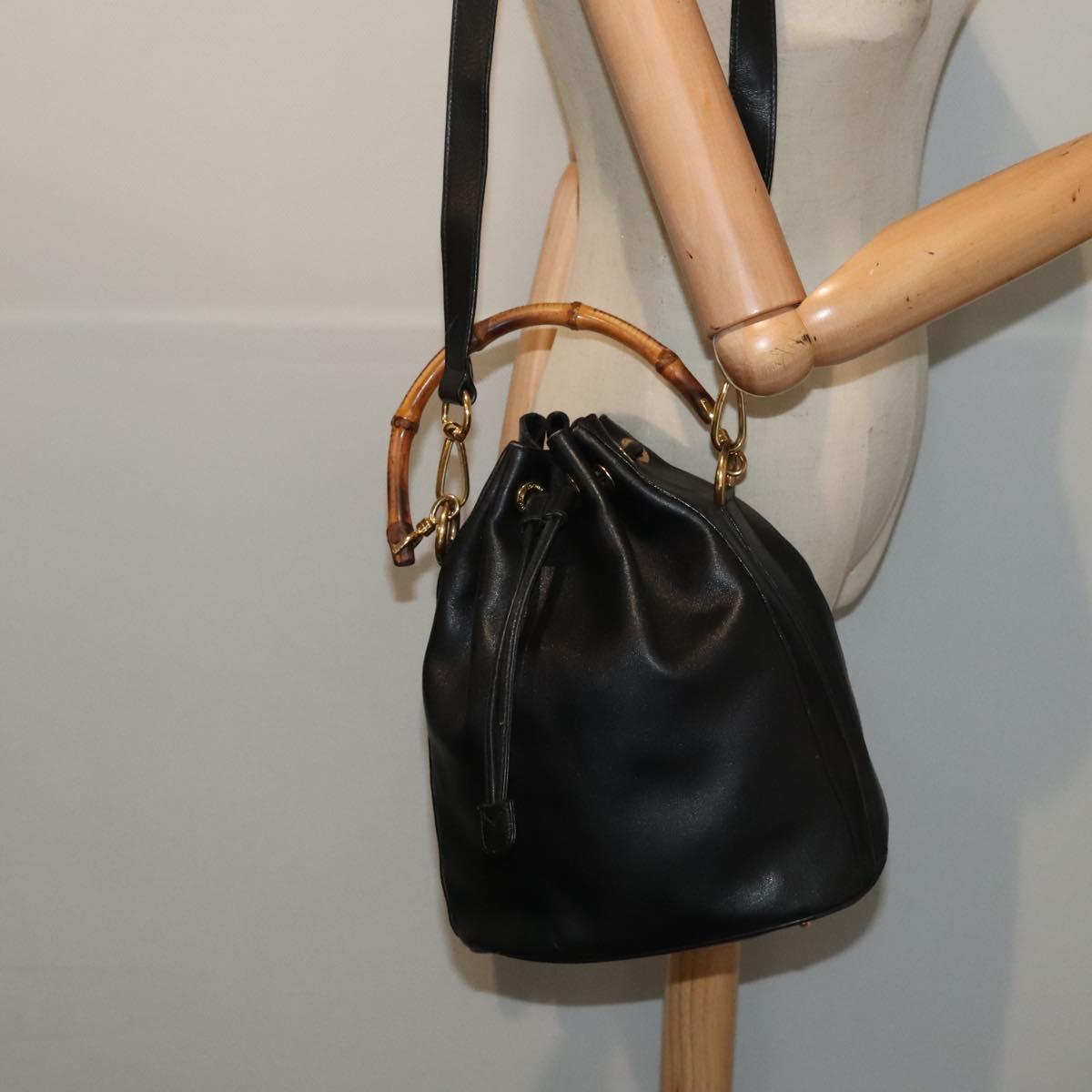 GUCCI Bamboo Hand Bag Leather 2way Black Gold 001 2865 1657  ac3240
