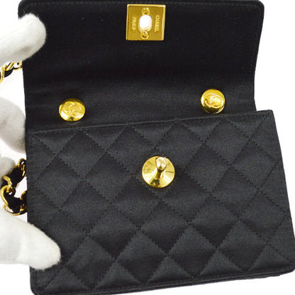 CHANEL 1989-1991 Straight Flap Bag Micro Black Satin