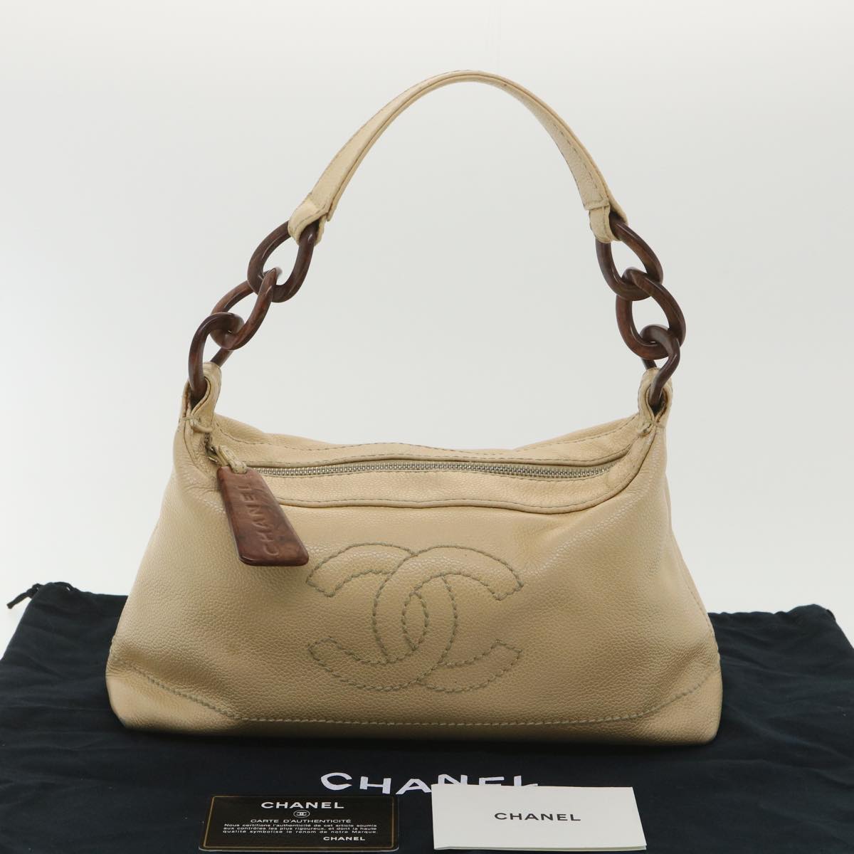 CHANEL Shoulder Bag Caviar Skin Beige CC am3924
