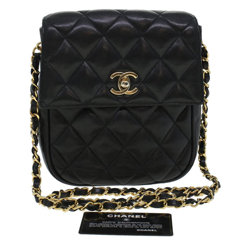 CHANEL Matelasse Turn Lock Chain Shoulder Bag Lamb Skin Black CC am4542