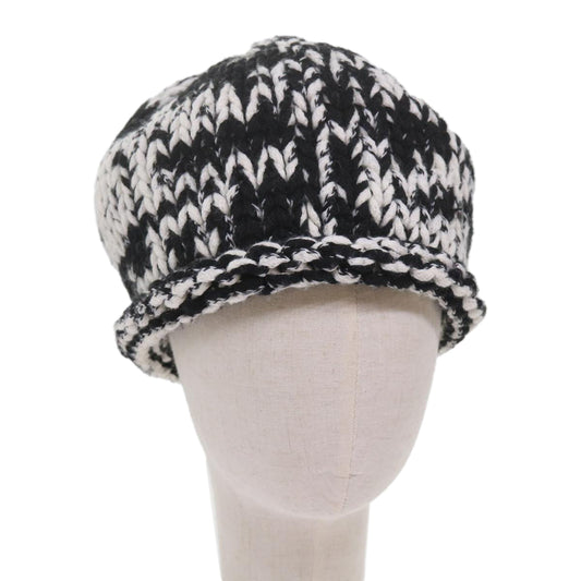 CHANEL COCO Mark Knitted Fabrics Hat Wool Black White CC am5382