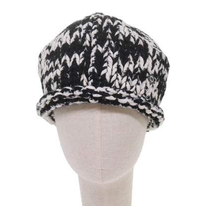 CHANEL COCO Mark Knitted Fabrics Hat Wool Black White CC am5382