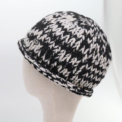 CHANEL COCO Mark Knitted Fabrics Hat Wool Black White CC am5382