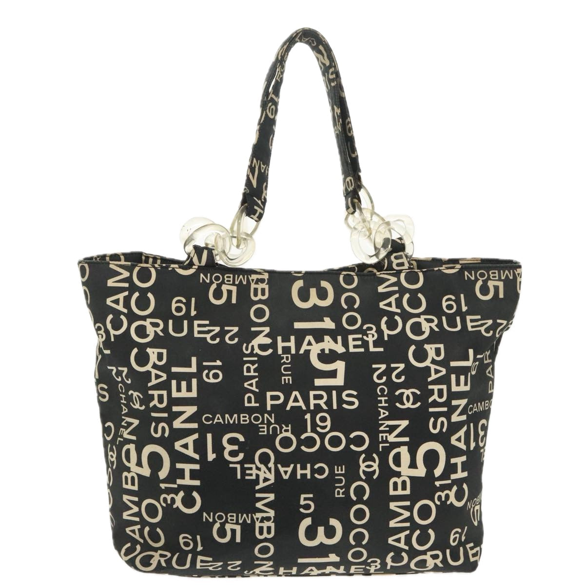 CHANEL Chain Bycy Tote Bag Canvas Plastic Black Clear Silver CC am7247