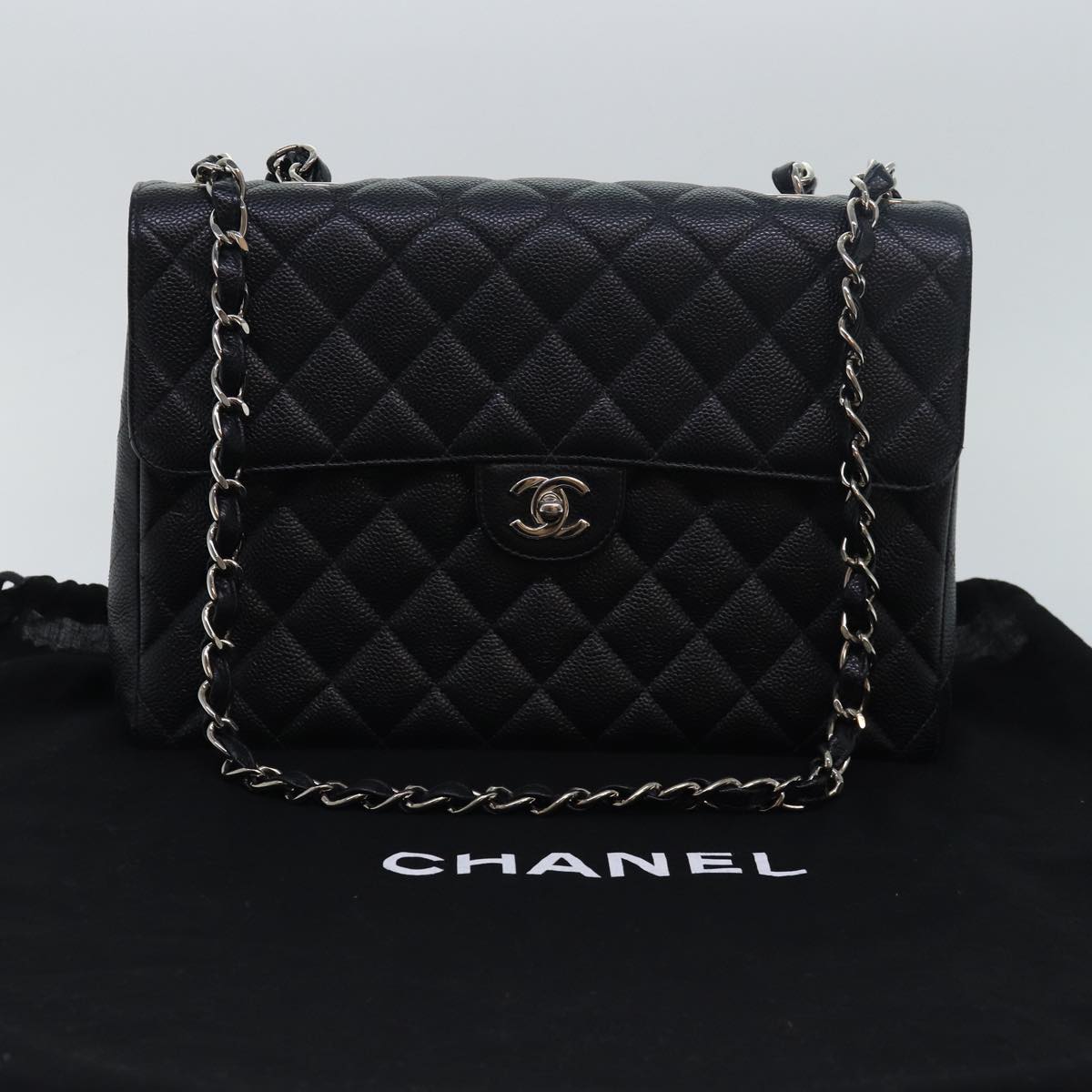 CHANEL Matelasse 30 Turn Lock Chain Bag Caviar Skin Black CC ar11992A