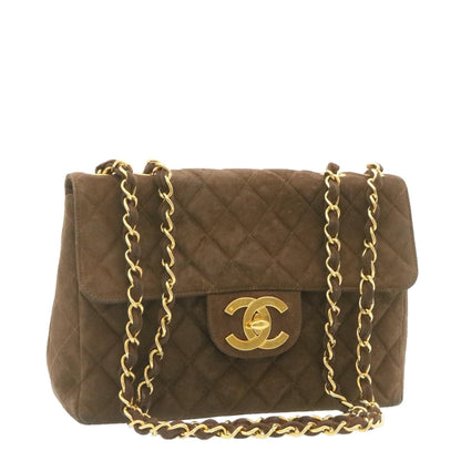 CHANEL Matelasse 30 Double Chain flap Shoulder Bag Suede Brown CC ar4582