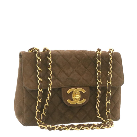 CHANEL Matelasse 30 Double Chain flap Shoulder Bag Suede Brown CC ar4582