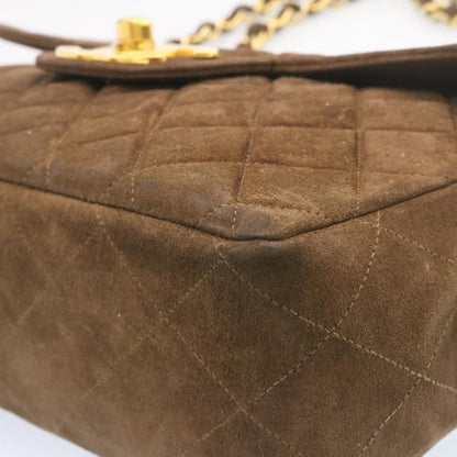 CHANEL Matelasse 30 Double Chain flap Shoulder Bag Suede Brown CC ar4582