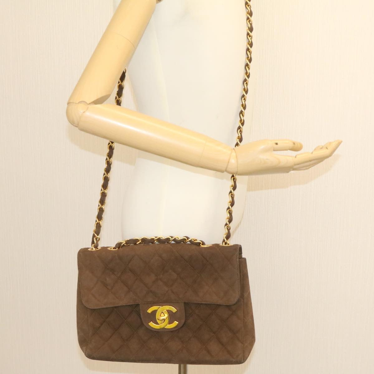 CHANEL Matelasse 30 Double Chain flap Shoulder Bag Suede Brown CC ar4582