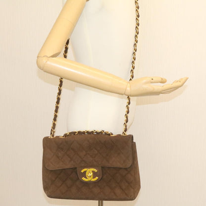 CHANEL Matelasse 30 Double Chain flap Shoulder Bag Suede Brown CC ar4582