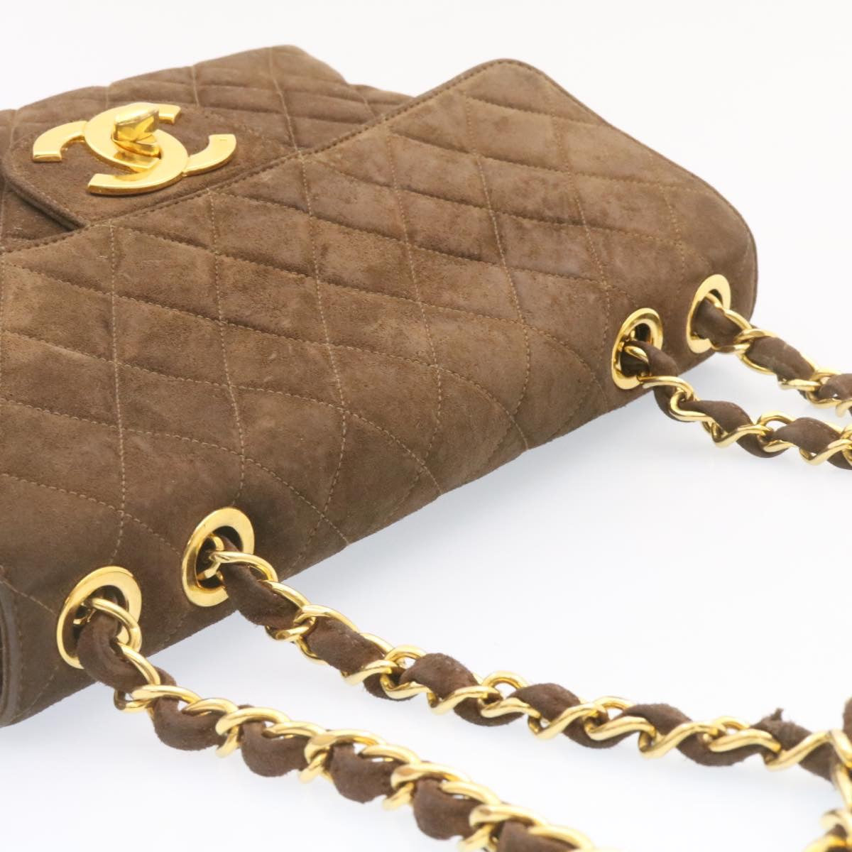 CHANEL Matelasse 30 Double Chain flap Shoulder Bag Suede Brown CC ar4582