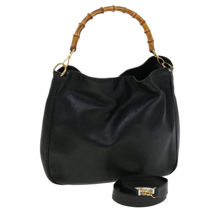 GUCCI Bamboo Hand Bag Leather 2way Black 001.0166.1577  ar9614