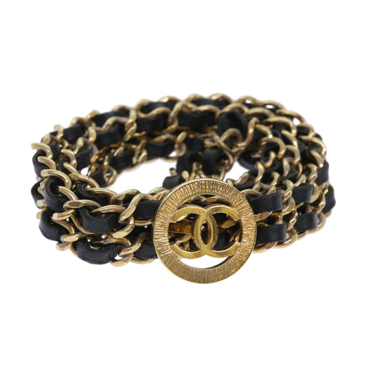 CHANEL Chain Belt Metal Leather Gold Tone Black CC ar9801B