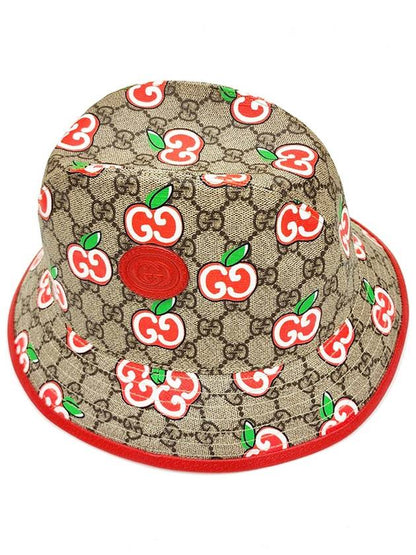 Gucci Apple Logo GG Supreme Canvas Bucket Hat Beige