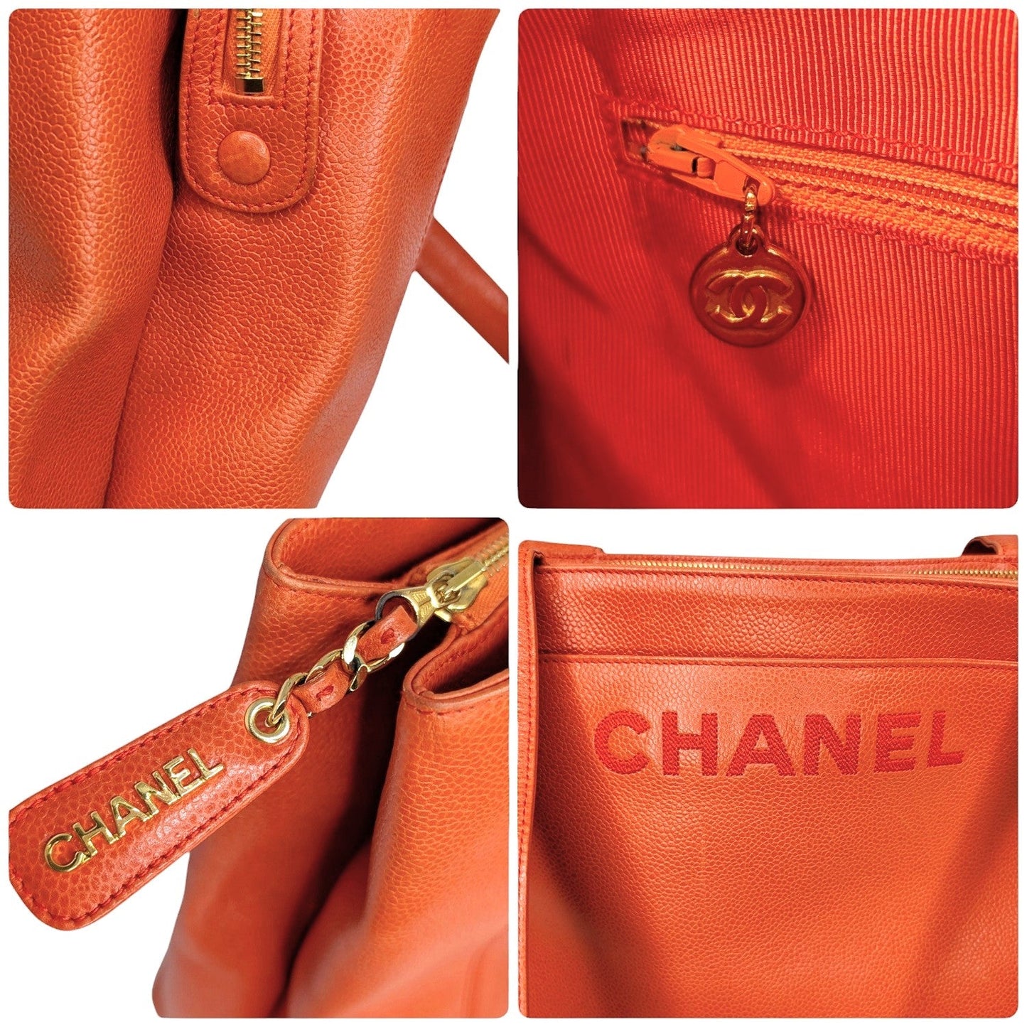 Chanel 90s Orange Caviar Embroidered Logo Shopper Tote