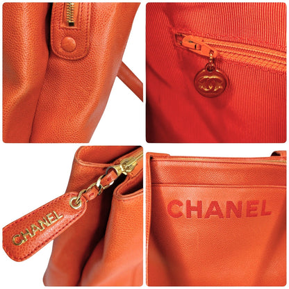 Chanel 90s Orange Caviar Embroidered Logo Shopper Tote