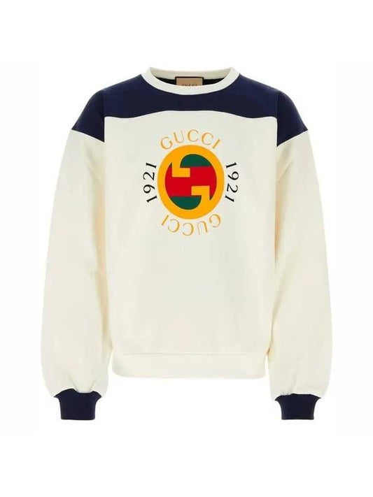 Gucci 1921 Logo Print Cotton Jersey Sweatshirt Ivory Blue