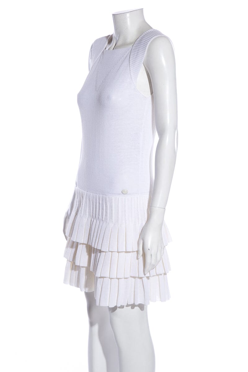 Chanel White Pleated Knit Dress SZ 38