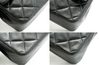 CHANEL Classic Double Flap 10" Chain Shoulder Bag Black Lambskin k39