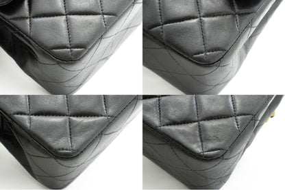 CHANEL Classic Double Flap 10" Chain Shoulder Bag Black Lambskin k49