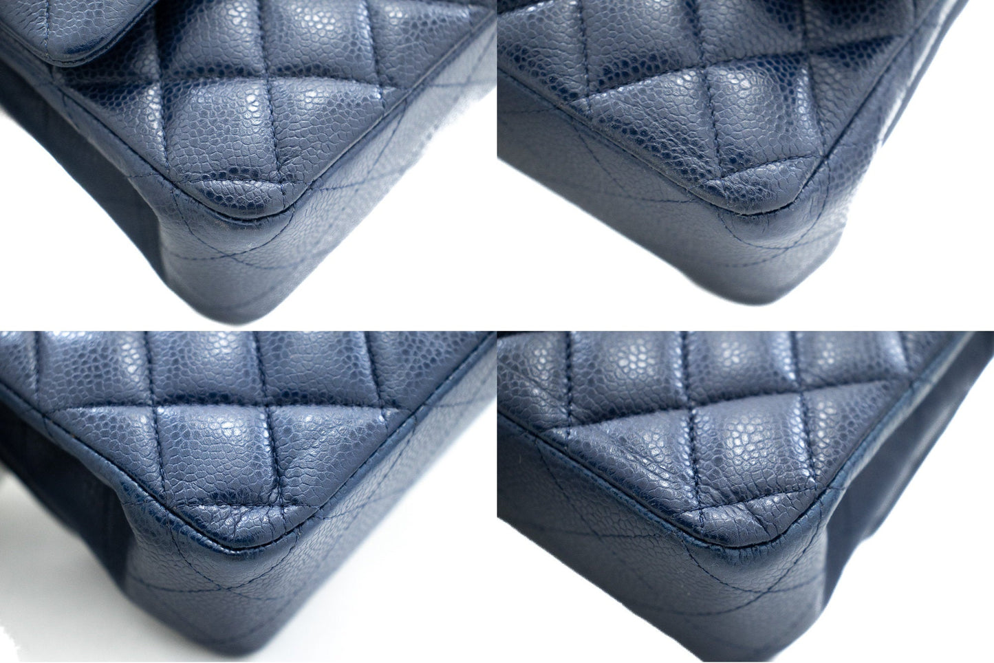 CHANEL Navy Caviar Double Flap Chain Shoulder Bag Quilted Leather j44