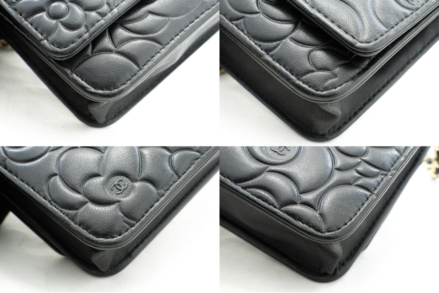 CHANEL Black Camellia Embossed Wallet On Chain WOC Shoulder Bag k53