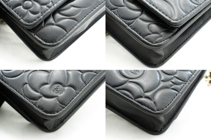 CHANEL Black Camellia Embossed Wallet On Chain WOC Shoulder Bag k53