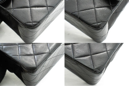 CHANEL Classic Double Flap 10" Chain Shoulder Bag Black Lambskin k46