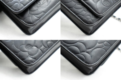 CHANEL Black Camellia Embossed Wallet On Chain WOC Shoulder Bag k68