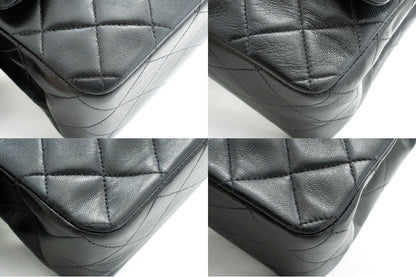 CHANEL Classic Double Flap 10" Chain Shoulder Bag Black Lambskin k63