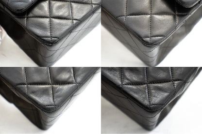 CHANEL Classic Double Flap 10" Chain Shoulder Bag Black Lambskin k71