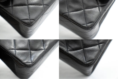 CHANEL Classic Double Flap 10" Chain Shoulder Bag Black Lambskin k72